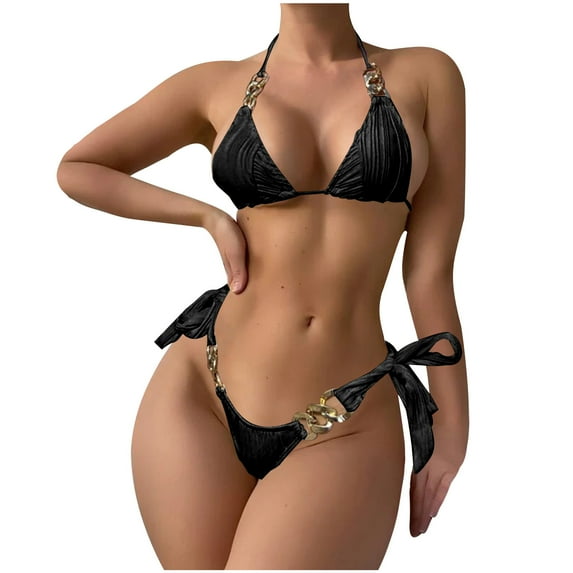 Honeeladyy Two Piece High Cut Halter Bikini Sets for Women Textured Padded Halter Bikini Swimsuits Side Tie Thong Bottom Swimwear Black S