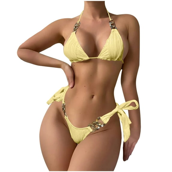 Honeeladyy Two Piece High Cut Halter Bikini Sets for Women Textured Padded Halter Bikini Swimsuits Side Tie Thong Bottom Swimwear Yellow XL