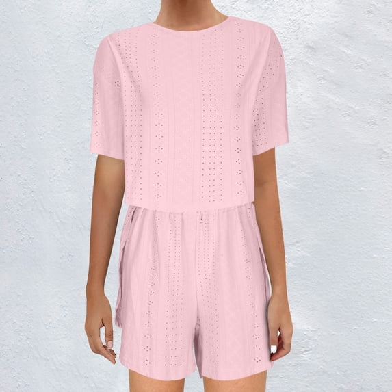 Honeeladyy Two Piece Outfits for Women Short Sleeve Shirts Wide Leg Shorts Suits Loose Solid Summer Lounge Sets Pink S