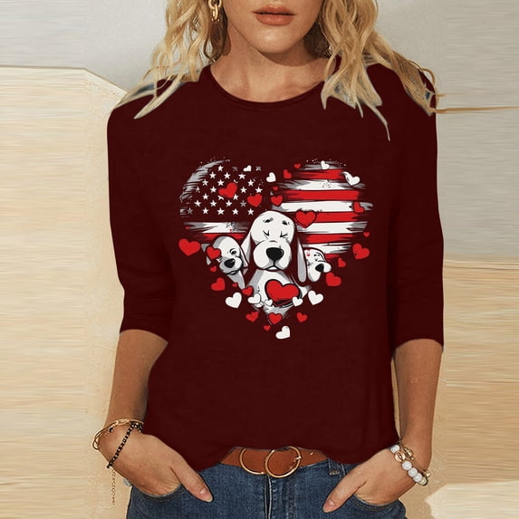Honeeladyy USA Flag Tops for Women 3/4Sleeves Casual Shirts Pullover Loose Tunic Tops Print Blouse for Party Club(Wine,XL)