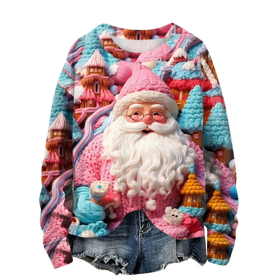 Honeeladyy Ugly Christmas Sweatshirt for Women Cute Santa Claus 3D Digital Print Pullover Tops Long Sleeve Round Neck Shirts Birthday Gift Pink XXL