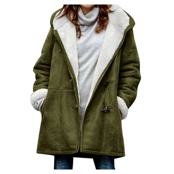 Honeeladyy Warm Sherpa Lined Coats Jackets for Women Plus Size Hooded Parka Faux Suede Long Pea Coat Outerwear Army Green S