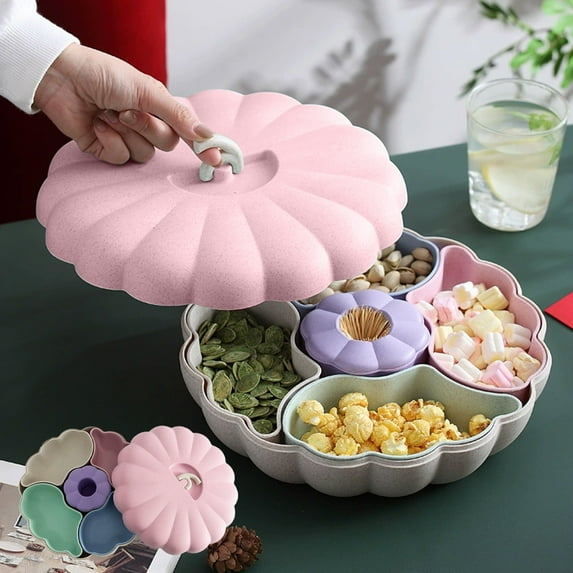 Honeeladyy Wheat Straw Serving Tray Pumpkin Candy Tray with Lid & 4 Divided Compartments, Snack Bowls Dish Platter for Halloween Candy Appetizer Nuts Snack Food