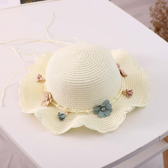 Honeeladyy Wide Brim Caps for kids Summer Children's Flower Bow Decorated Hat Rope Beach Hat Sun Hat