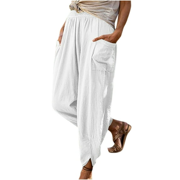 Honeeladyy Wide Leg Pants for Women,Women High Waist Pants Solid Color Elastic Belt Vintage Stylish Cotton And Linen Double Pockets Waist Wide-Leg Pants