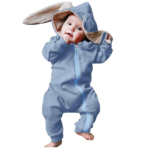 Honeeladyy Winter Coats Newborn Infant Baby Boys Girls Solid Rabbit Ears Hooded Romper Jumpsuit Outfits Light blue Sales