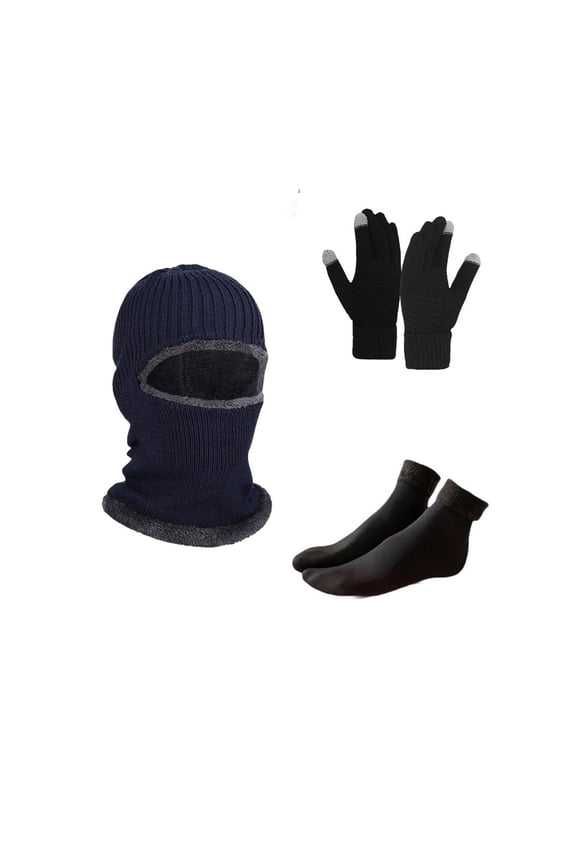 Winter Hat Gloves Socks Set Gifts for Women Men, Warm Knit Thick Waterproof Beanies Hat Gloves Socks Set for Hiking Working Biking, Navy
