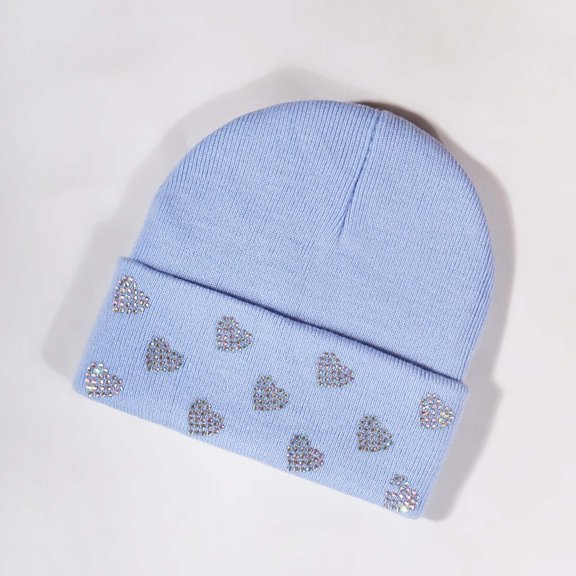 Honeeladyy Winter Knitted Beanie Hats for Men and Women, Casual Solid Color Warm and Cozy Cuffed Skull Caps with Spakle Rhinestone Heart Design for Office Travel School, Light Blue