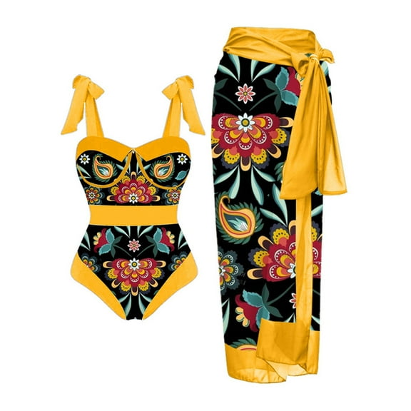 Honeeladyy Woman Bikini Top Women One Piece Swimwear with Cover Up Skirt Two Piece Vintage Print Swimsuit Monokini Bathing Suit