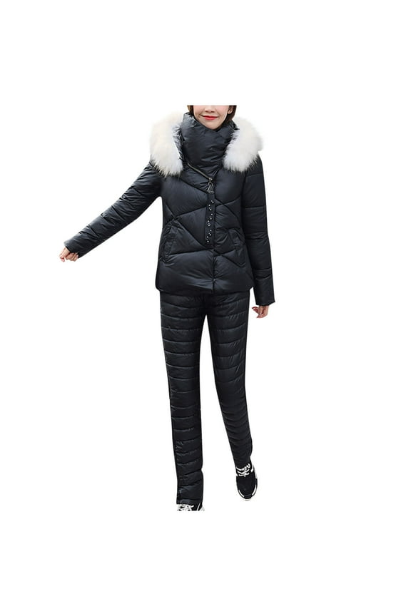 Women 2 Piece Outfits Ski Set,Winter Lightweight Hooded Zip Puffer Coat and Padded Pants for Outdoor Snow Sport Black M