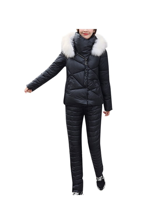 Women 2 Piece Outfits Ski Set,Winter Lightweight Hooded Zip Puffer Coat and Padded Pants for Outdoor Snow Sport Black XXL