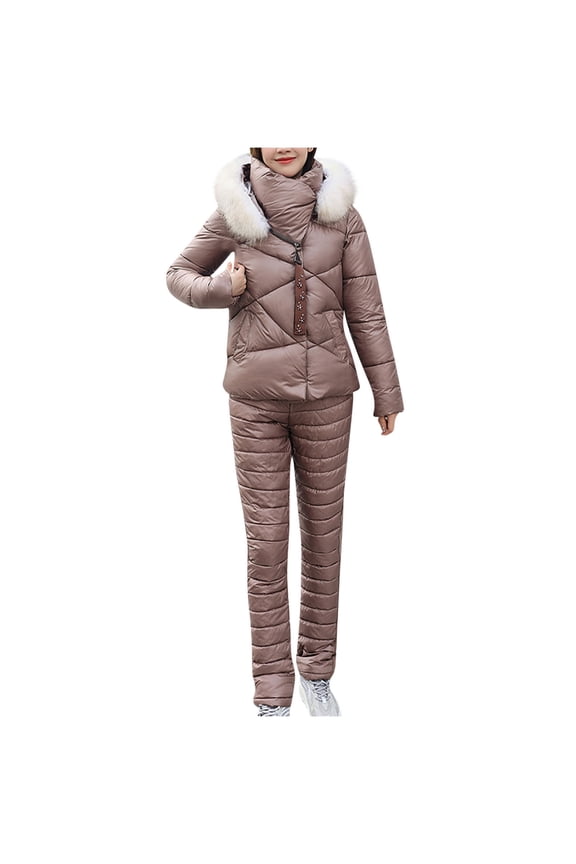 Women 2 Piece Outfits Ski Set,Winter Lightweight Hooded Zip Puffer Coat and Padded Pants for Outdoor Snow Sport Coffee XXL