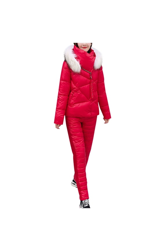 Women 2 Piece Outfits Ski Set,Winter Lightweight Hooded Zip Puffer Coat and Padded Pants for Outdoor Snow Sport Red M