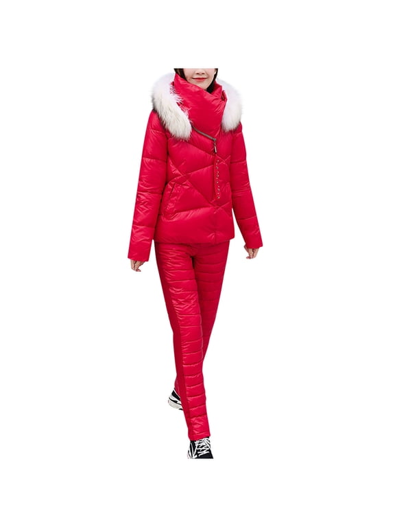Women 2 Piece Outfits Ski Set,Winter Lightweight Hooded Zip Puffer Coat and Padded Pants for Outdoor Snow Sport Red XXL