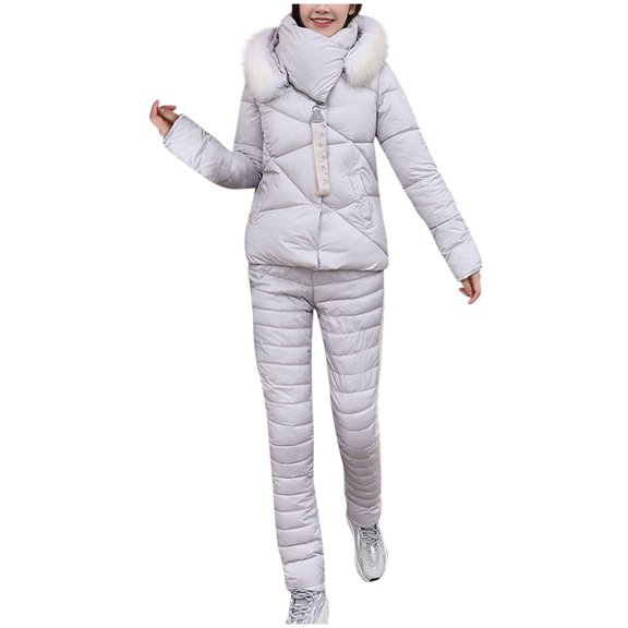 Honeeladyy Women 2 Piece Outfits Ski Set,Winter Lightweight Hooded Zip Puffer Coat and Padded Pants for Outdoor Snow Sport White L