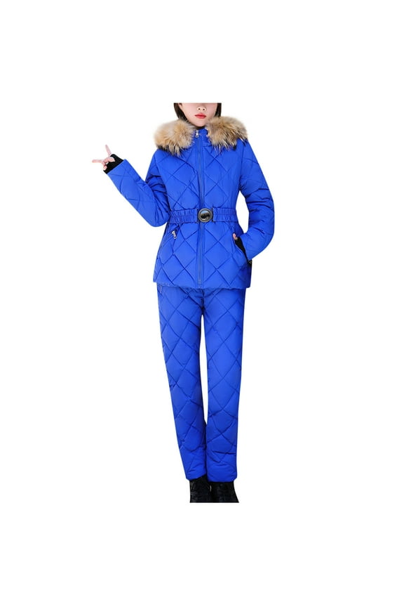Women 2 Piece Outfits Ski Set,Winter Lightweight Hooded Zip Puffer Coat and Padded Pants with Belt for Outdoor Snow Sport Blue XL