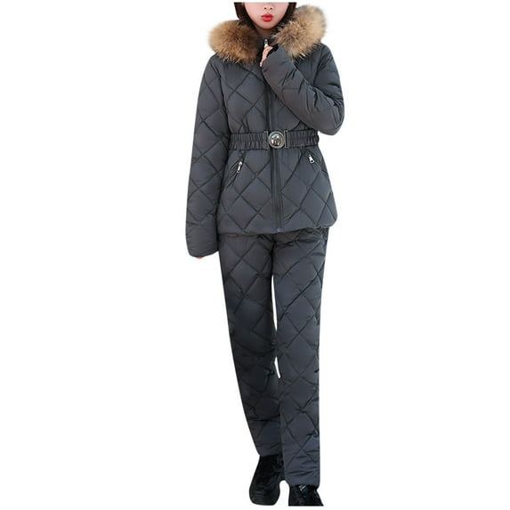 Honeeladyy Women 2 Piece Outfits Ski Set,Winter Lightweight Hooded Zip Puffer Coat and Padded Pants with Belt for Outdoor Snow Sport Gray M