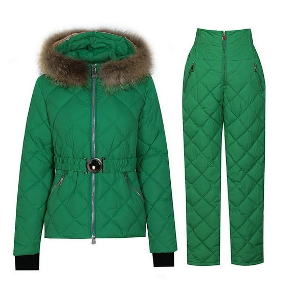 Honeeladyy Women 2 Piece Outfits Ski Set,Winter Lightweight Hooded Zip Puffer Coat and Padded Pants with Belt for Outdoor Snow Sport Green XL
