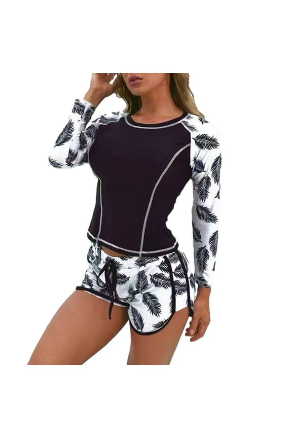 Women 2 Piece Rash Guard Swimsuits Long Sleeve Print Swim Shirt with Shorts Set Sun Protection Surf Bathing Suits Gifts for Girlfriend Black M