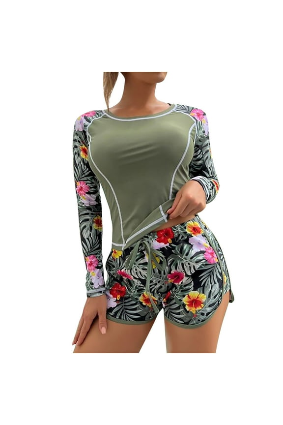 Women 2 Piece Rash Guard Swimsuits Long Sleeve Print Swim Shirt with Shorts Set Sun Protection Surf Bathing Suits Gifts for Mom Army Green XL