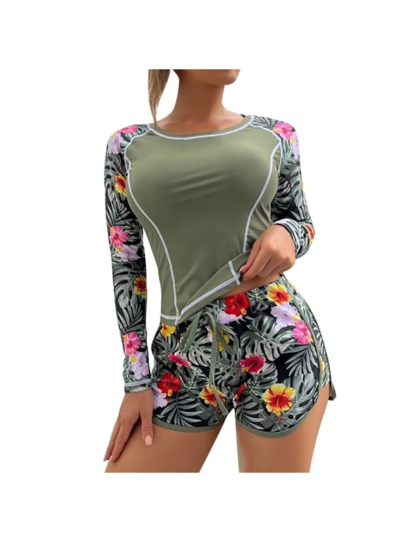 Women 2 Piece Rash Guard Swimsuits Long Sleeve Print Swim Shirt with Shorts Set Sun Protection Surf Bathing Suits Gifts for Mom Army Green XL