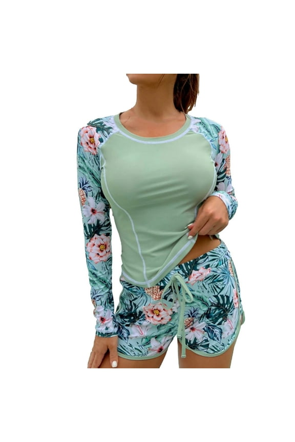 Women 2 Piece Rash Guard Swimsuits Long Sleeve Print Swim Shirt with Shorts Set Sun Protection Surf Bathing Suits Gift for Wife Green L