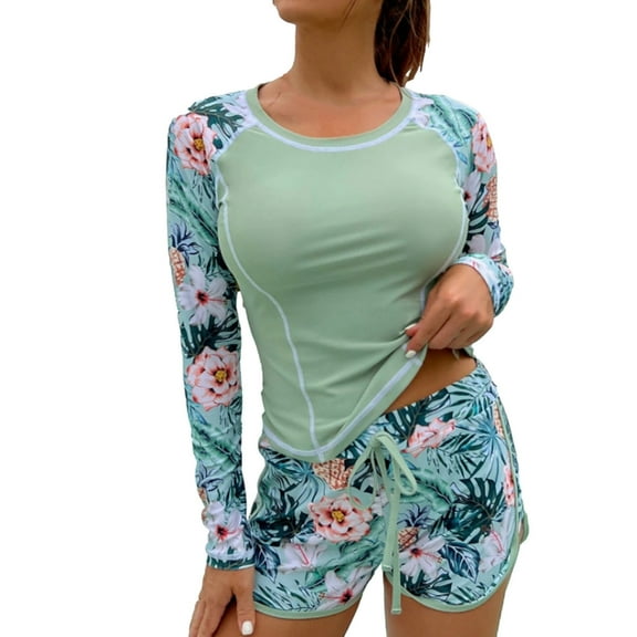 Honeeladyy Women 2 Piece Rash Guard Swimsuits Long Sleeve Print Swim Shirt with Shorts Set Sun Protection Surf Bathing Suits Gift for Wife Green L