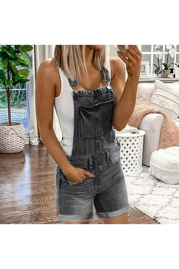 Women Adjustable Straps Cuffed Hem Denim Bib Overalls Shorts with Pockets
