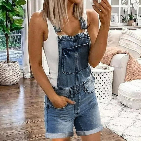 Honeeladyy Women Adjustable Straps Cuffed Hem Denim Bib Overalls Shorts with Pockets