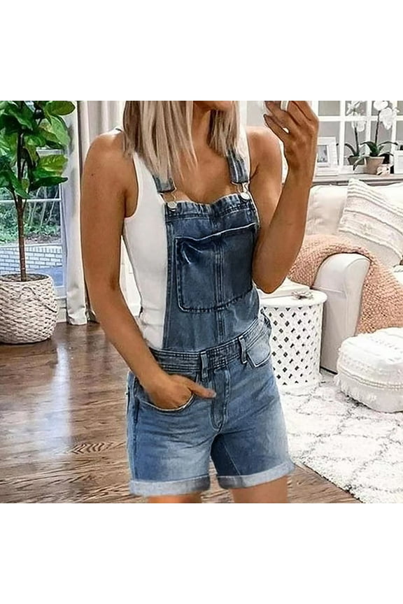 Women Adjustable Straps Cuffed Hem Denim Bib Overalls Shorts with Pockets