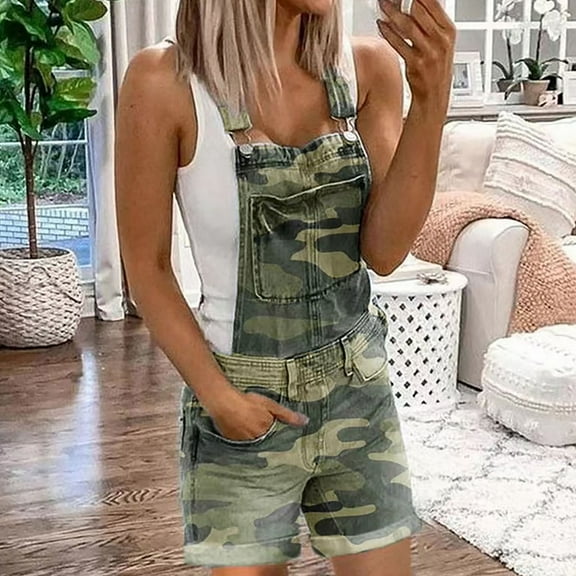 Honeeladyy Women Adjustable Straps Cuffed Hem Denim Bib Overalls Shorts with Pockets