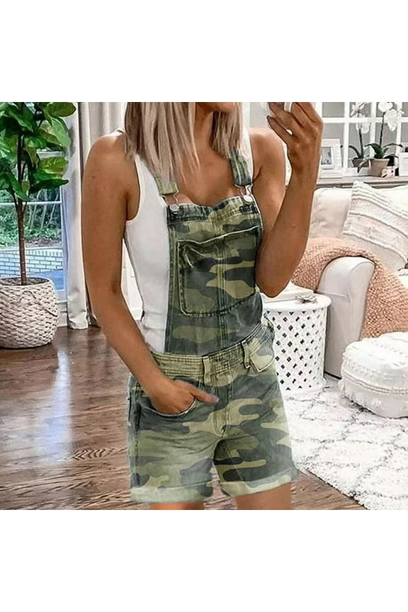 Women Adjustable Straps Cuffed Hem Denim Bib Overalls Shorts with Pockets