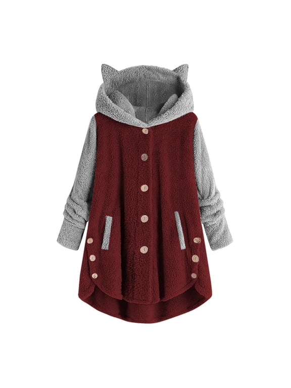 Women Button Down Coats Outwear Cute Rabbit Ears Hooded Warm Fuzzy Fleece Long Sleeve Loose Winter Shaggy Jacket with Pockets