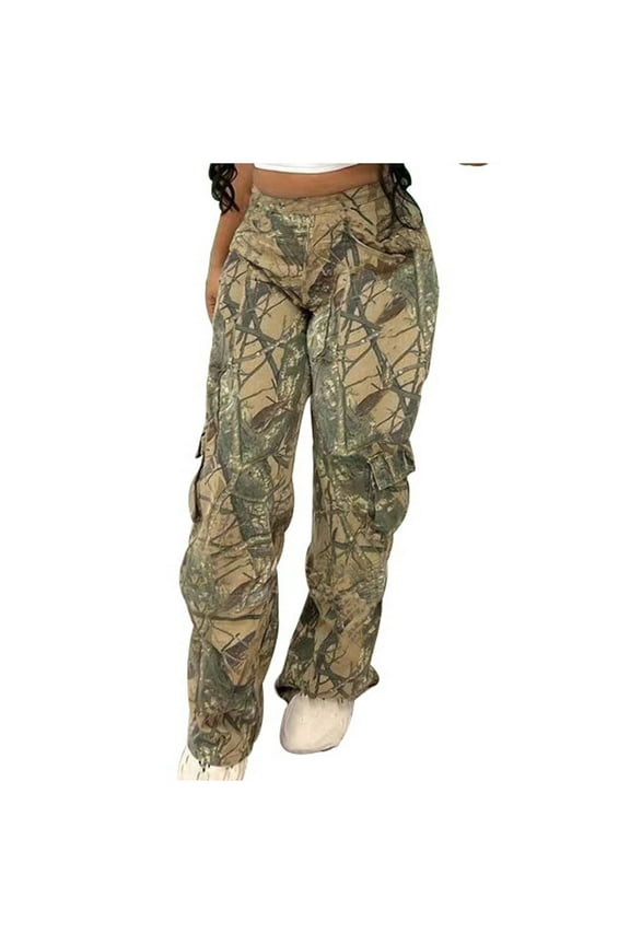 Women Camo Pants Mid Waist Straight Leg Baggy Camouflage Cargo Pants Streetwear Trousers Christmas Gifts for Wife Khaki L