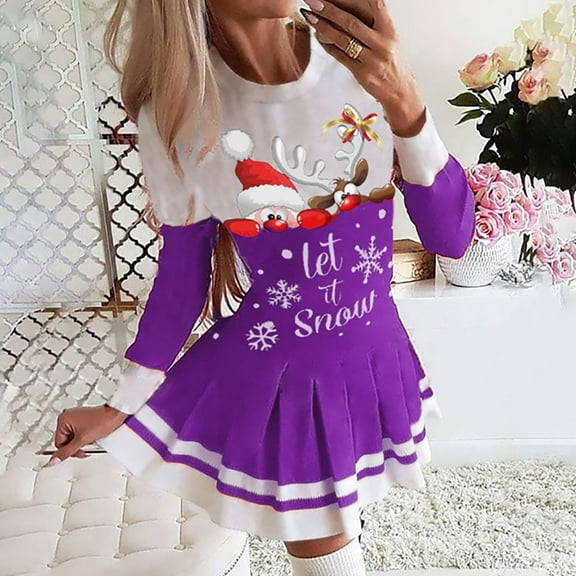 Honeeladyy Women Casual Dress Christmas Printed O-Neck Pleated Skirt Long Sleeve Dress summer dresses for women plus size