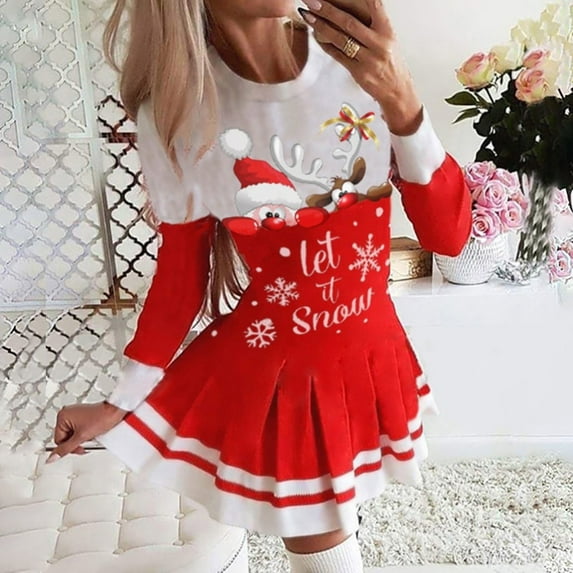 Honeeladyy Women Casual Dress Christmas Printed O-Neck Pleated Skirt Long Sleeve Dress summer dresses for women plus size