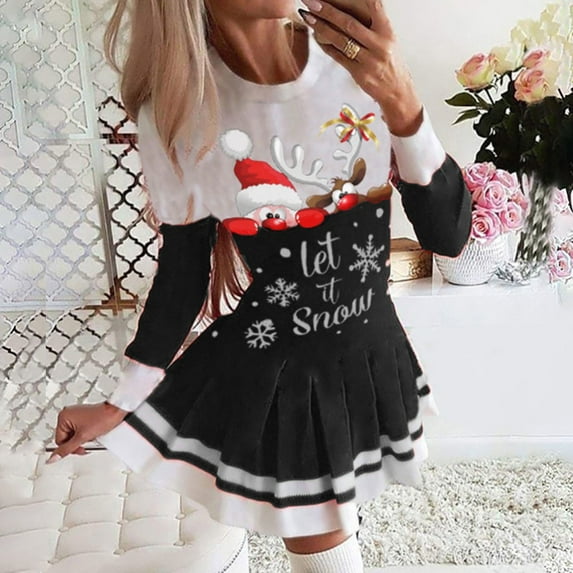 Honeeladyy Women Casual Dress Christmas Printed O-Neck Pleated Skirt Long Sleeve Dress women's plus size dresses