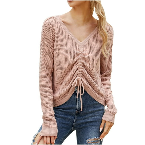 Honeeladyy Women Casual Fashion V-Neck Solid Color Long Sleeve Tops Spring and Autumn Long-Sleeved Tops