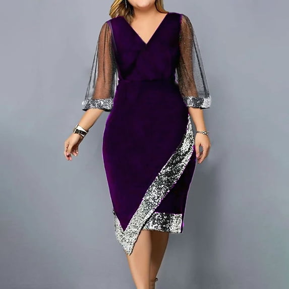 Honeeladyy Women Casual V-neck Irregular Sequin Mesh Half Sleeve Dress Evening Dresses Women's exquisite dresses