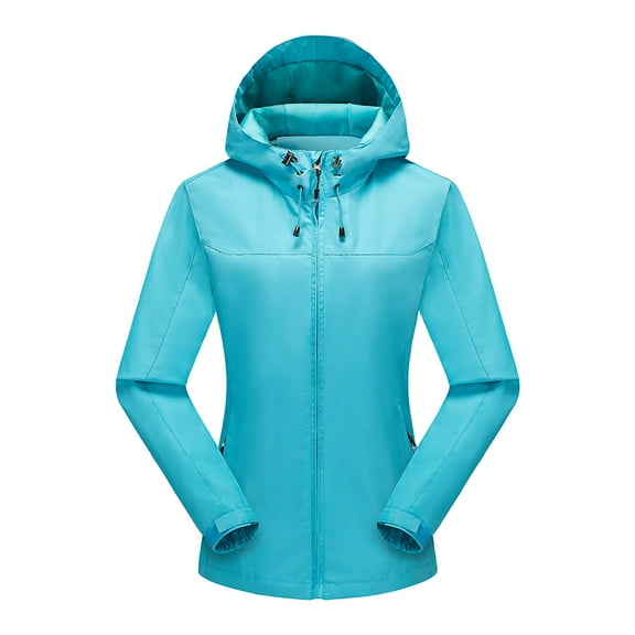 Honeeladyy Women Color Outdoor Long Sleeve Zipper Sunscreen Windproof Raincoat Plus Size Hooded Jacket Coat