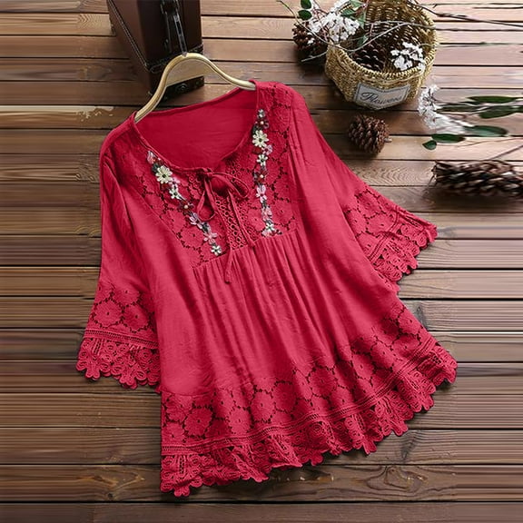Honeeladyy Women Embroidered Tops Loose Tunic 3/4 Sleeve Summer Blouse Shirts Boho Peasant Trendy Clothes 2024 Outwear (Watermelon Red,4XL)