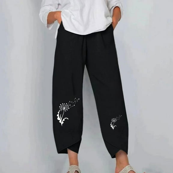 Honeeladyy Women Fashion Casual Printing Pocket Fold Loose Full Length Pants Casual Loose Beach Pants