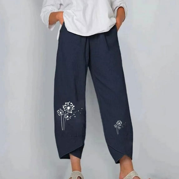 Honeeladyy Women Fashion Casual Printing Pocket Fold Loose Full Length Pants Casual Summer Loose Long Trousers