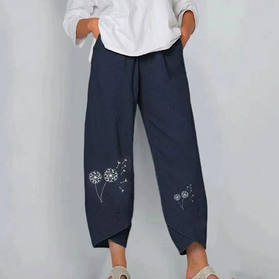 Honeeladyy Women Fashion Casual Printing Pocket Fold Loose Full Length Pants Straight Pants