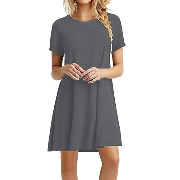 Honeeladyy Women Fashion Solid Color O-Neck Short Sleeve Casual Swing Loose Dress Women's light dresses