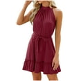 thumbnail image 1 of Honeeladyy Women Halter Neck Summer Mini Dresses Sleeveless Sundress with Belt Solid Color Ruffled Hem A-Line Beach Mini Dress Red L, 1 of 5