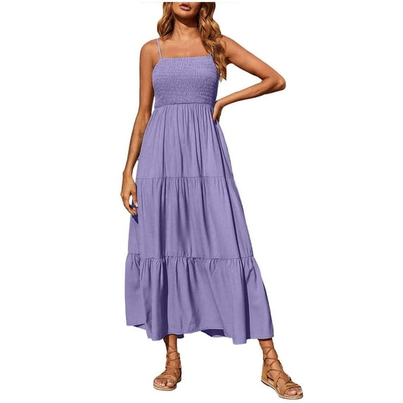 Honeeladyy Women Holiday Dresses Summer Spaghetti Strap Smocked Tiered Long Beach Dresses Sleeveless Solid Dress