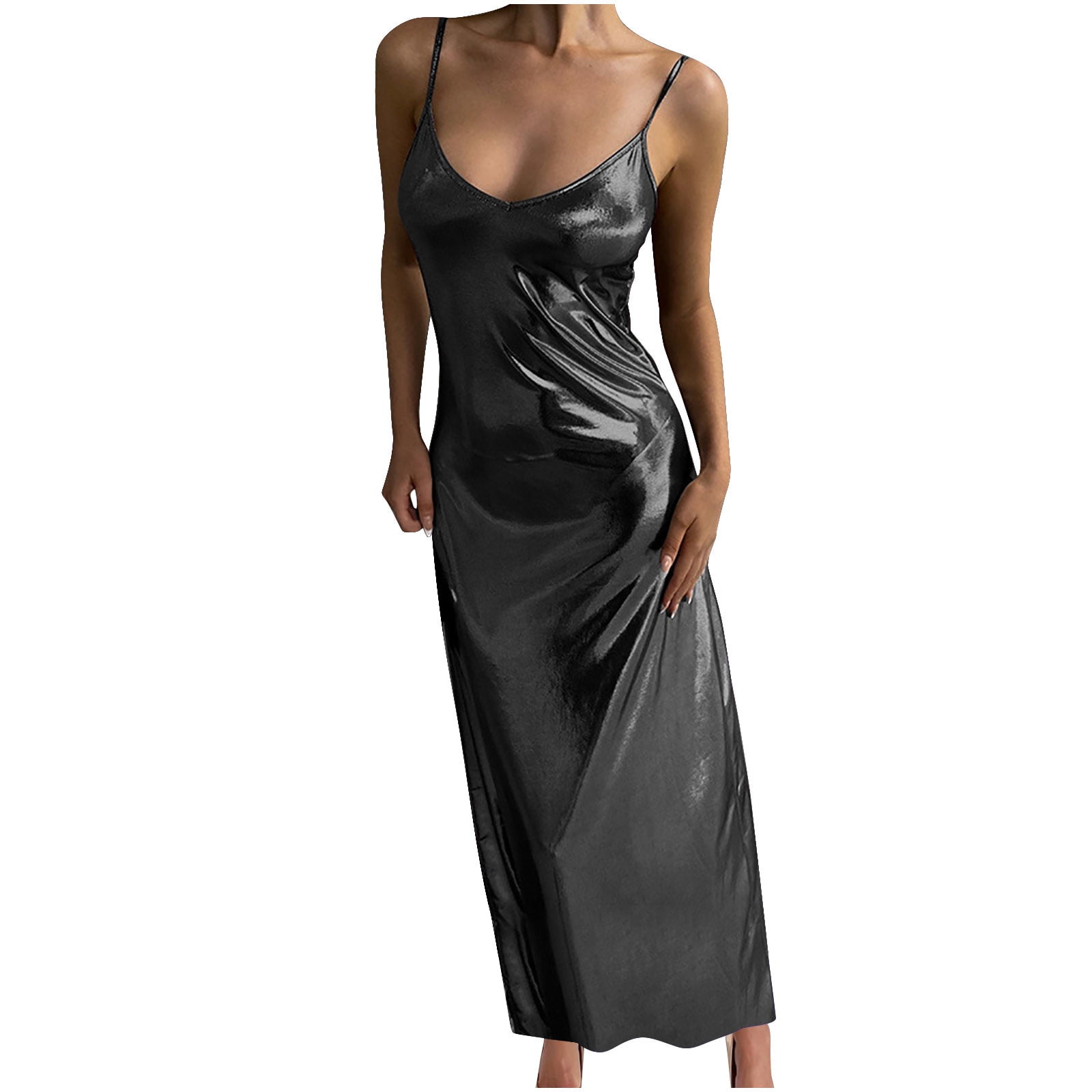 Honeeladyy Women Metallic Shimmer Slim Maxi Dress Spaghetti Strap V ...