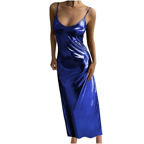 Honeeladyy Women Metallic Shimmer Slim Maxi Dress Spaghetti Strap V Neck Long Dress Sleeveless Club Cocktail Party Dress Blue S
