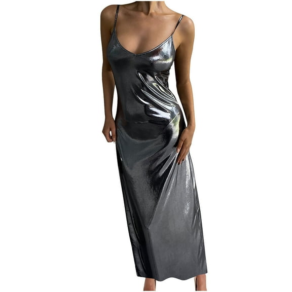 Honeeladyy Women Metallic Shimmer Slim Maxi Dress Spaghetti Strap V Neck Long Dress Sleeveless Club Cocktail Party Dress Gray L